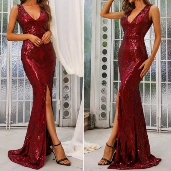 V-neck high  slit thigh formal sequin dress party evening wedding prom Burgundy - Picture 5 of 7